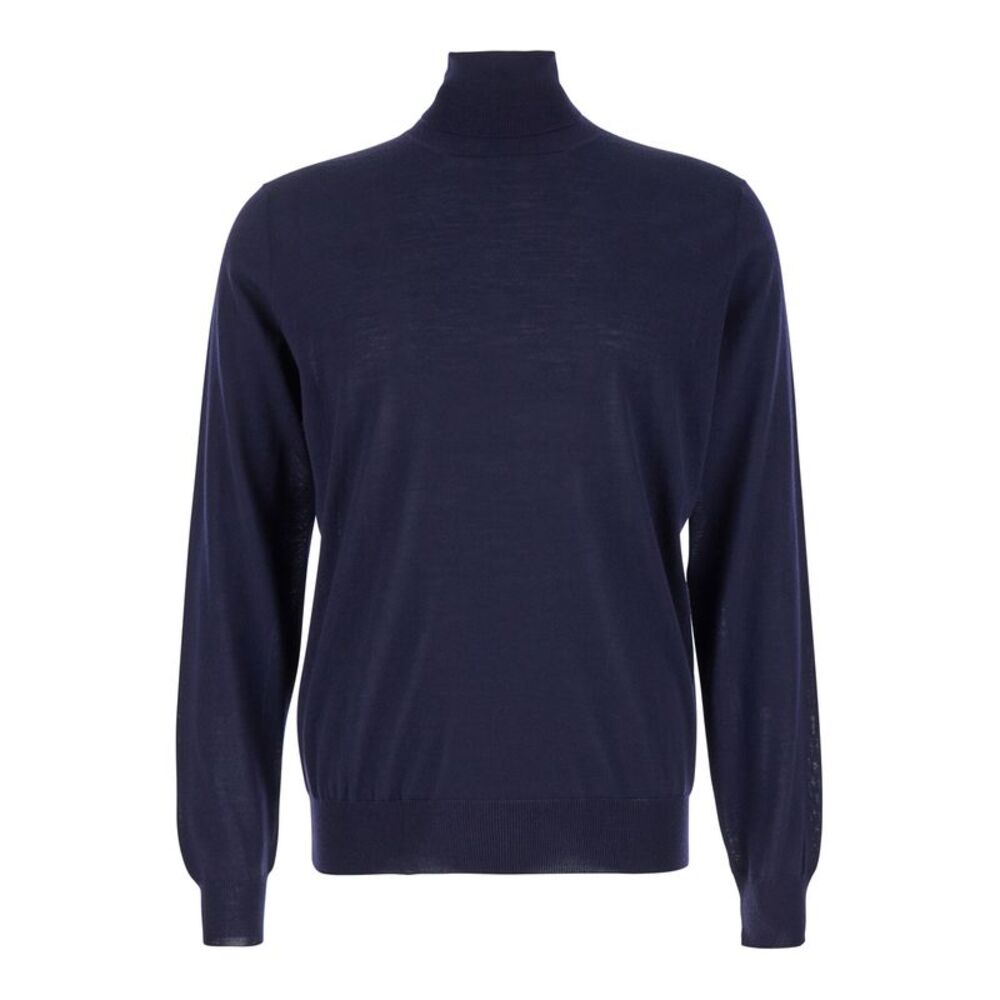 Plain Men Navy Blue Turtleneck Pull With Rib Trim In Wool Man Gaudenzi